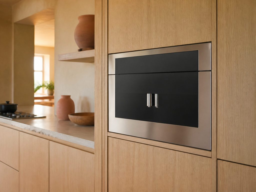 A stainless built-in coffee machine set into a run of pale oak cabinetry at eye height, its front closed, twin brew spouts visible below a plain dark fascia.