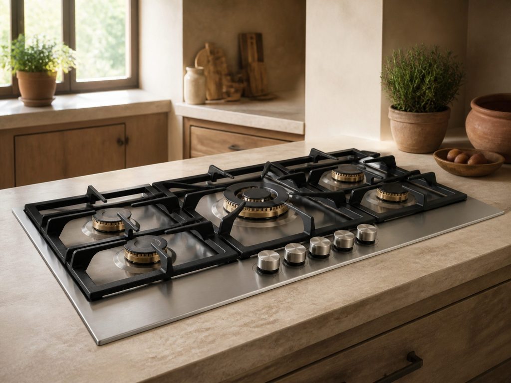 A stainless gas cooktop set flush into a cream stone worktop, five brass burners under cast-iron grates, seen from a low three-quarter angle so the burners read clearly.