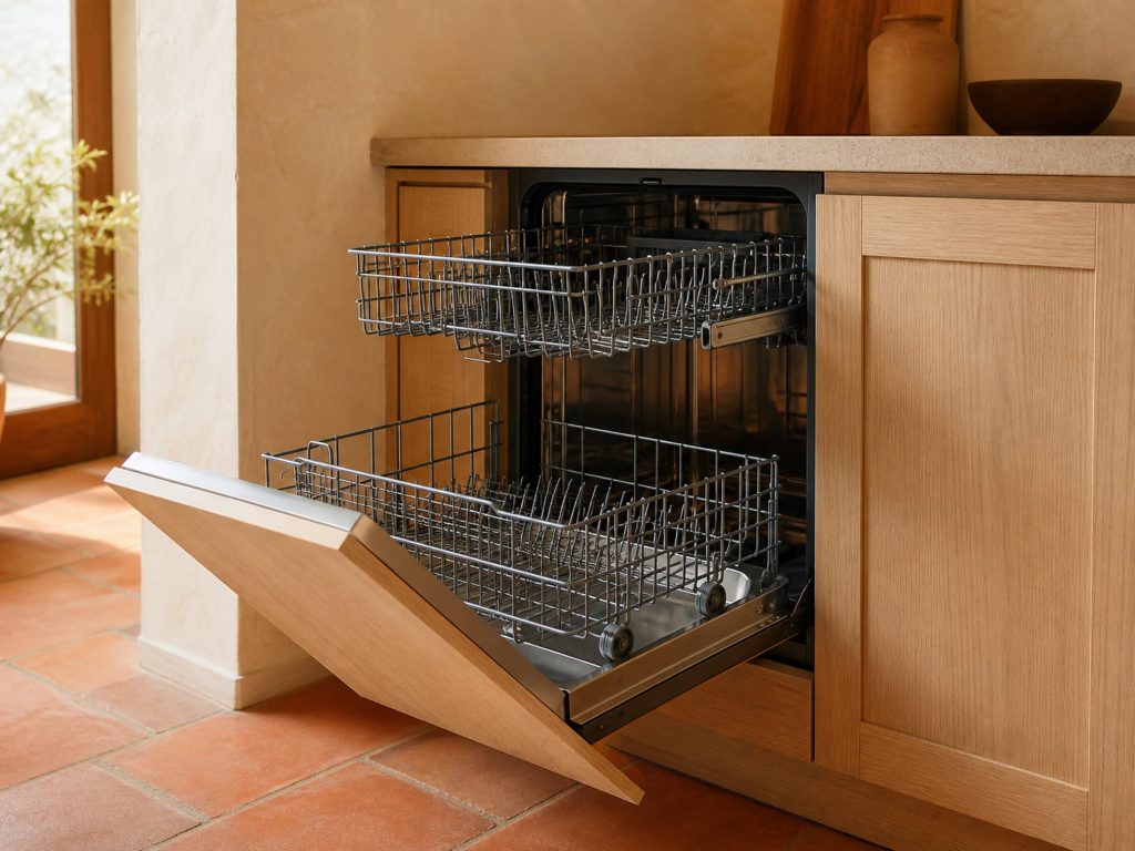 A built-in dishwasher faced with a pale oak cabinet front, standing open at forty-five degrees with both wire baskets pulled out and empty, in a cream Italian kitchen.