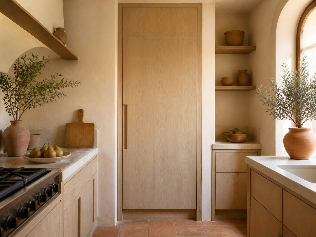 A tall built-in freezer column faced with a pale oak cabinet front so it reads as tall joinery, identifiable only by the thin shadow gap and a recessed pull, standing in a cream kitchen.