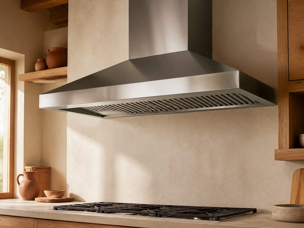 A stainless wall-mounted chimney range hood above an empty cooking surface in a cream kitchen, its angled canopy and clean baffle filters visible from below and slightly to the side.