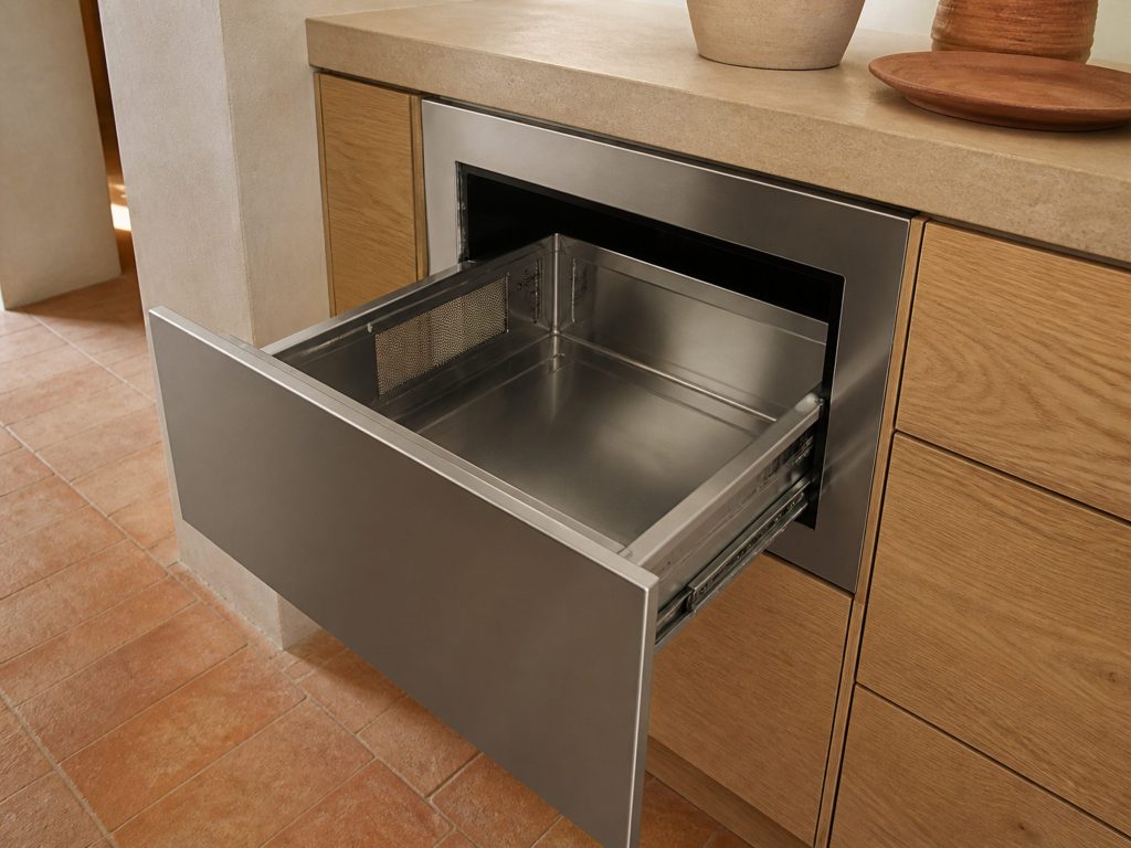 A stainless microwave drawer built into a run of oak cabinetry below a worktop, the drawer slid fully open to show an empty cavity, seen from slightly above.