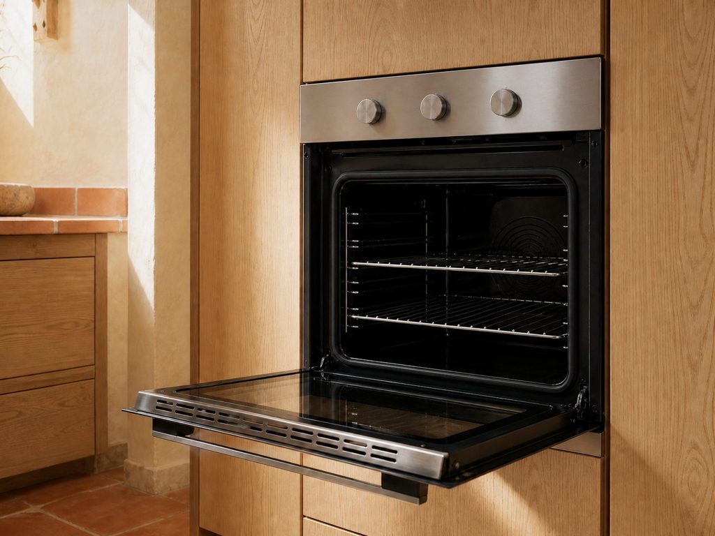 A single stainless built-in wall oven in a run of pale oak cabinetry, its door standing fully open on empty chrome racks, the cavity clean and dark.