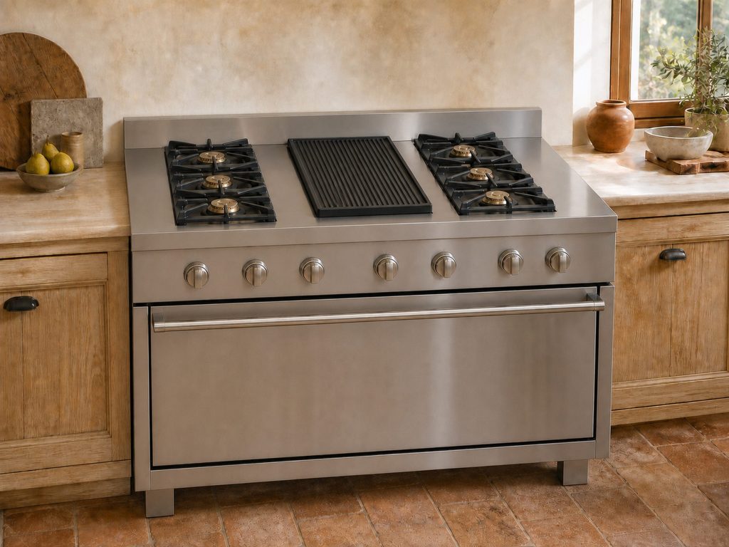 A wide freestanding stainless cooking range standing in a cream Italian kitchen, six brass burners under heavy cast-iron grates with a ribbed cast-iron griddle plate occupying the center section, a plain metal control fascia with unmarked knobs, one large oven door below.