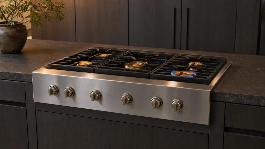 A thirty-six inch cooking deck set into a dark stone counter with a plain cabinet below it instead of an oven, and metal knobs on the stainless front panel beneath the deck.