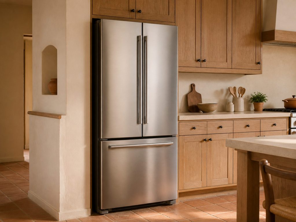A tall stainless French-door refrigerator with a bottom freezer drawer, standing closed in a cream Italian kitchen beside a run of oak cabinets.