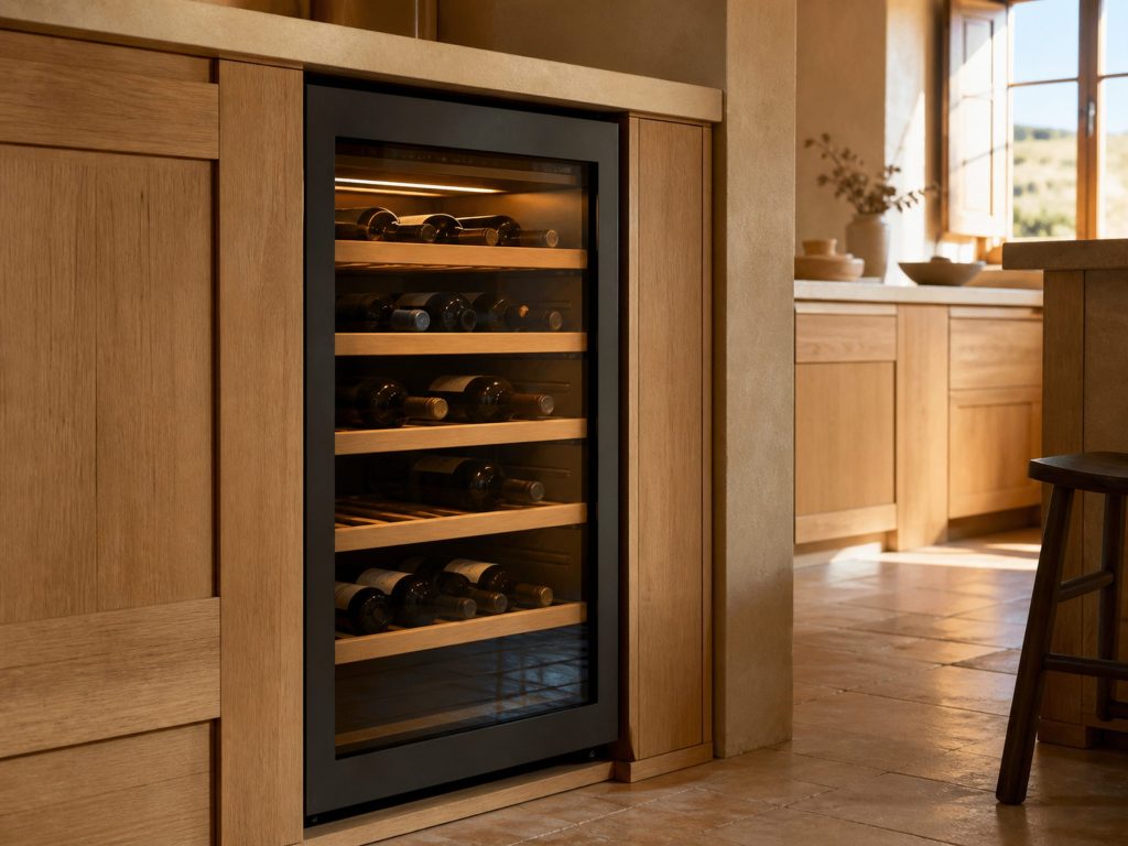 A built-in wine cabinet with a glass door standing in a cream kitchen, its interior softly lit from within, wine bottles lying on wooden shelves behind the glass.
