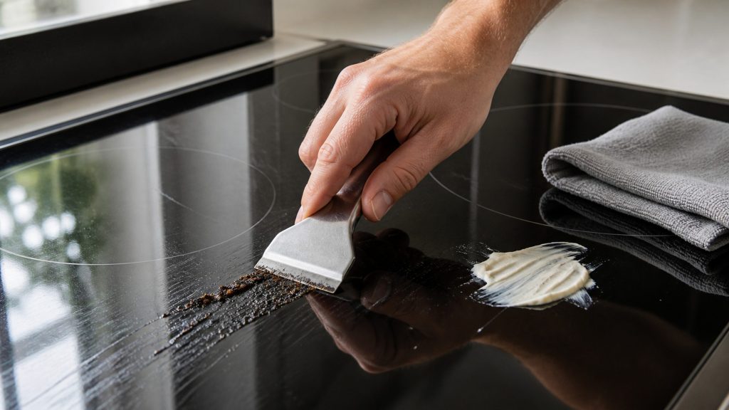 A hand holding a cooktop scraper at a shallow angle to lift burnt residue off black glass