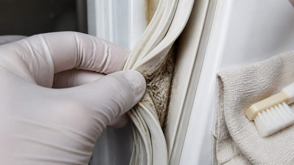 A gloved finger peeling back the fold of a refrigerator door seal to show the mold growing inside it