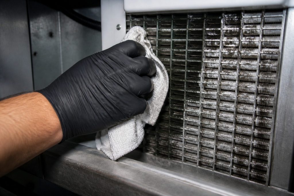 A gloved hand wiping a frosted evaporator plate inside a freezer compartment