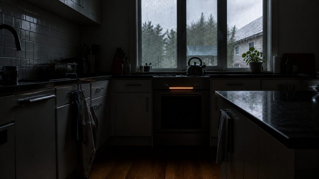 A dark kitchen during a storm, rain on the windows and a built-in oven glowing faintly