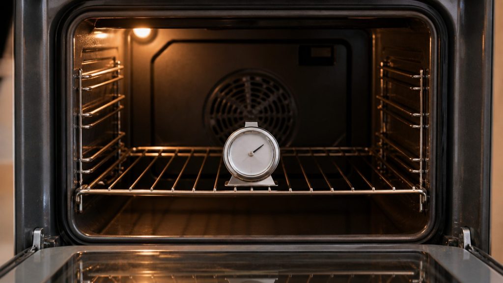 A round dial oven thermometer standing on a rack inside a lit oven cavity