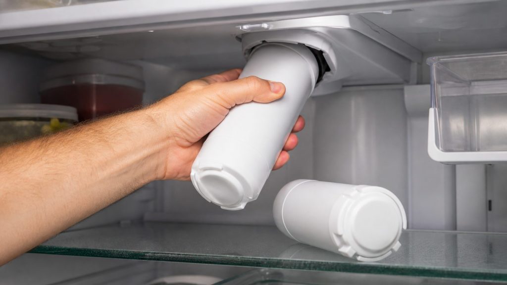 A hand turning a cylindrical refrigerator water filter cartridge into its housing inside the top of a refrigerator compartment, a second identical cartridge lying on the shelf beside it.