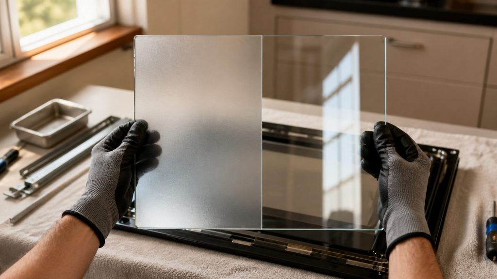 Two gloved hands holding a rectangular pane of oven door glass upright against warm daylight, one face clearly matte and the other clearly reflective, a dismantled oven door lying on a cloth on the worktop behind.
