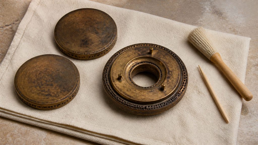 Two brass burner caps and a crown laid out on a folded cream cloth on a stone worktop, warm daylight raking across the darkened brass, a small soft brush and a wooden pick beside them.