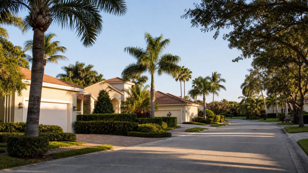 A quiet South Florida residential street in warm afternoon light, pale houses with tiled roofs behind clipped hedges, palms throwing long shadows across the road.