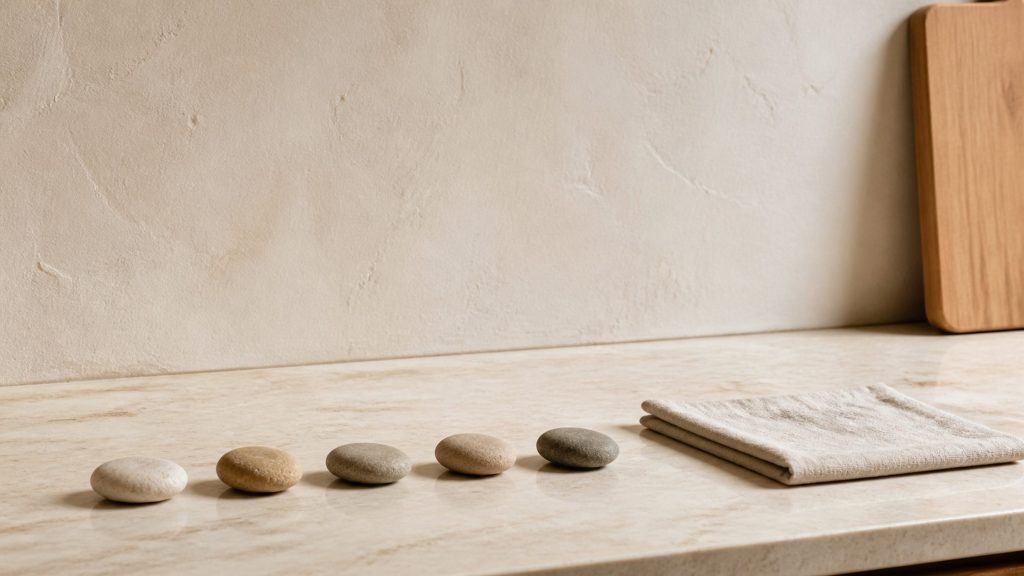 A cream stone worktop in warm daylight with five small smooth stones laid in a short even row and a folded cloth beside them, a plain cream plaster wall behind and a wooden chopping board leaning at the edge of frame.