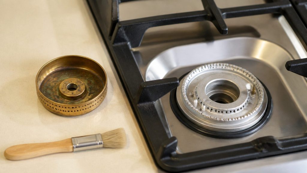 A brass burner cap lifted clear and resting upside down on a cream worktop beside the range, the crown and the cleaned ports visible below it, a soft brush lying alongside.
