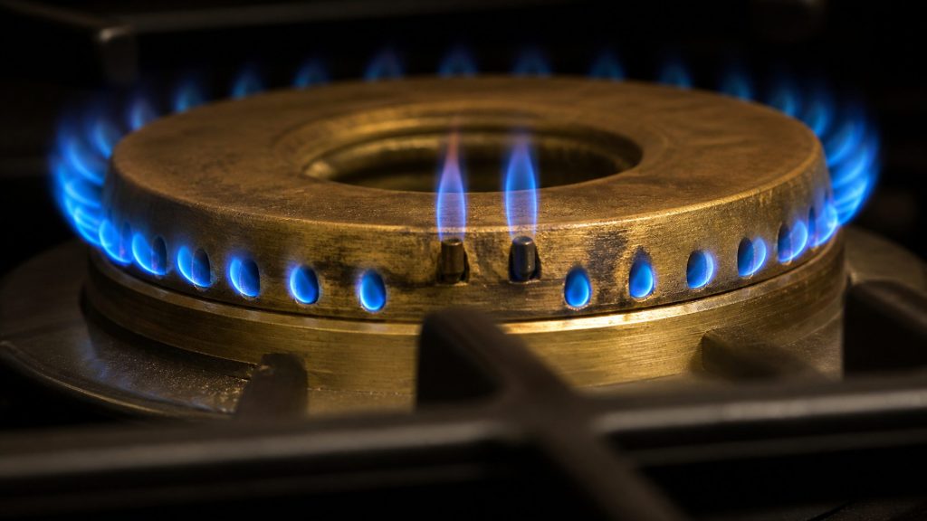 An extreme close view of a single brass burner crown on a range top, the blue flame lifting slightly off two of its ports while the rest burn cleanly, cast-iron grate edge in the foreground.