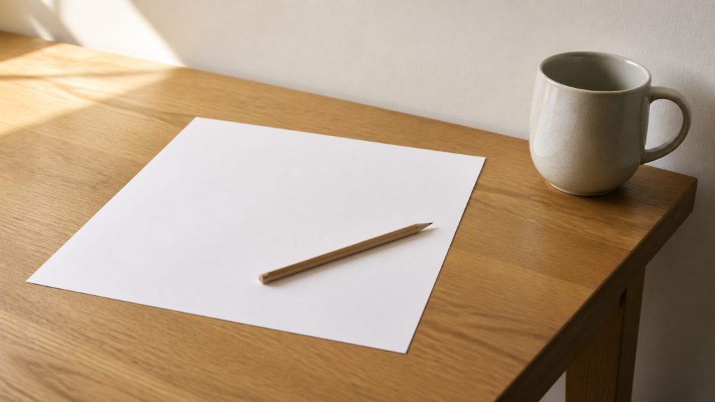 A blank sheet of paper on a plain wooden desk with a pencil lying diagonally across it and a mug at the edge, warm daylight from the side, cream wall behind.