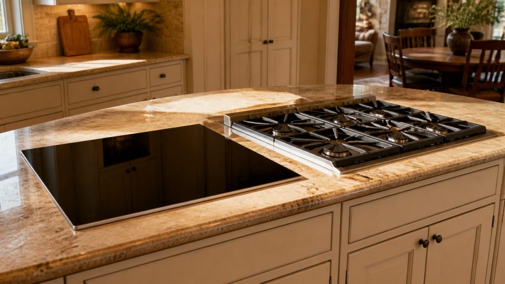 A wide view of a kitchen island where a black glass induction surface and a stainless gas range top sit in the same room, one dark and smooth, the other heavy with cast-iron grates.