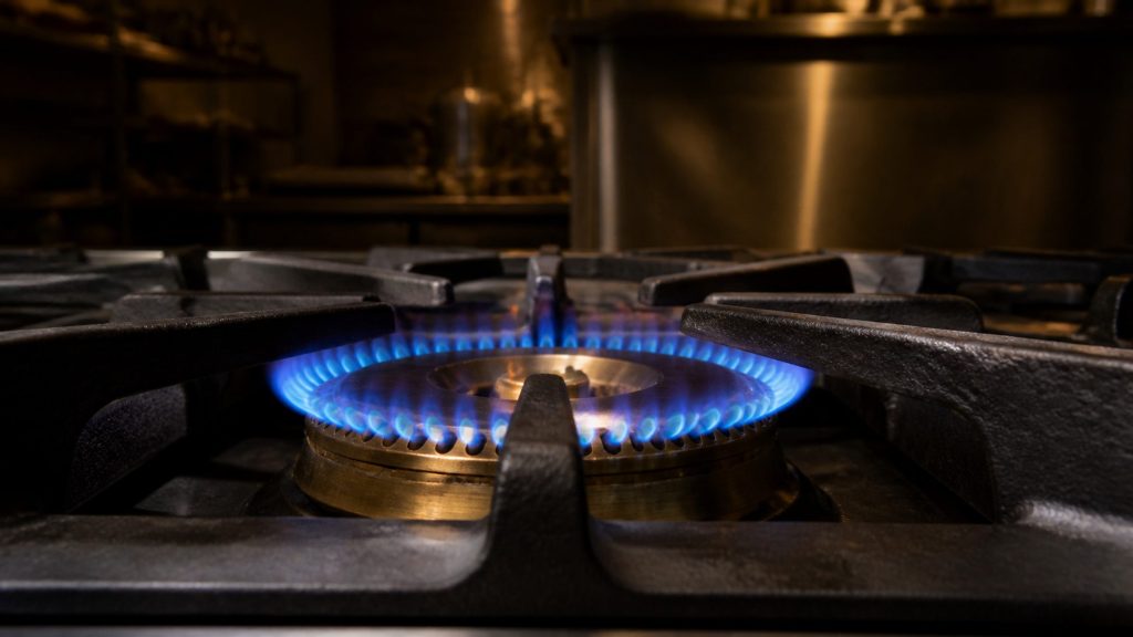 A close, low view across a heavy cast-iron pan support on a stainless cooking range, one brass burner lit with a clean even blue flame ring sitting neatly on its ports, small amber tips at the very top of the flame.