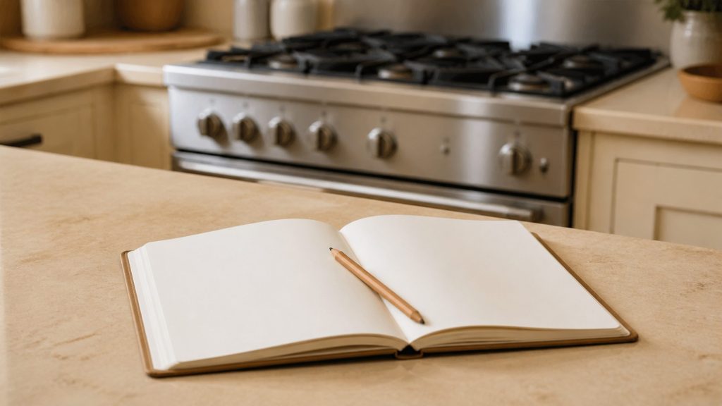 A cream Italian kitchen worktop in warm daylight with a plain blank paper desk diary open on it and a pencil across the page, a stainless range soft in the background.