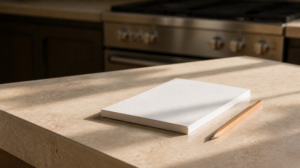 A cream stone kitchen worktop in warm daylight with a plain unlined notepad and a pencil lying on it, a stainless range out of focus behind.