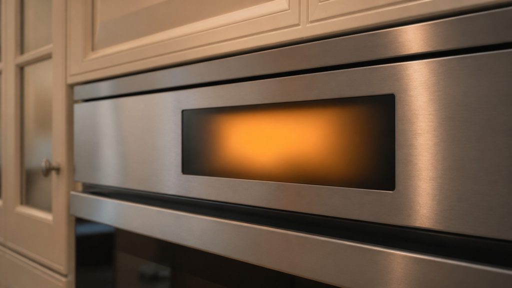 A close view of an unbranded appliance control panel glowing softly in a dim warm kitchen, the display showing an indistinct amber glow with no legible characters at all, brushed steel around it, cream cabinetry blurred behind.