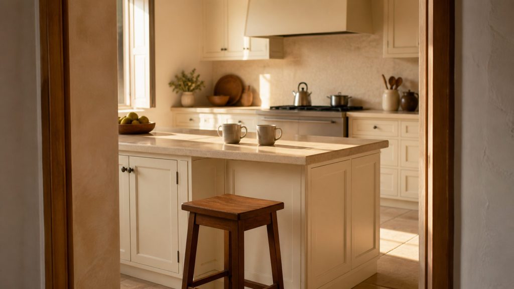 A cream Italian kitchen in warm morning light seen from the doorway, an empty stool pulled out at the island and two mugs on the worktop, appliances soft in the background.