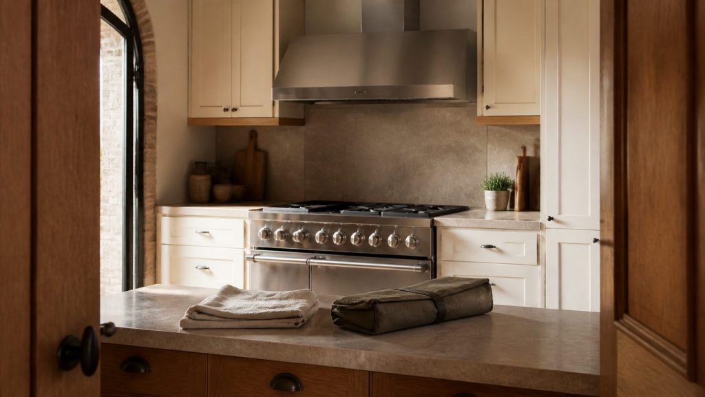 A cream and oak Italian kitchen seen from the doorway, a stainless range against the far wall with a matching hood above it, a folded work cloth and a small canvas tool roll resting closed on the worktop in the foreground.