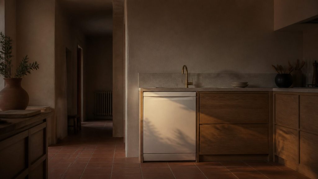 A warm Italian kitchen at dusk with one appliance front catching the last daylight, cream walls, oak cabinetry, terracotta floor, everything else falling into soft shadow.