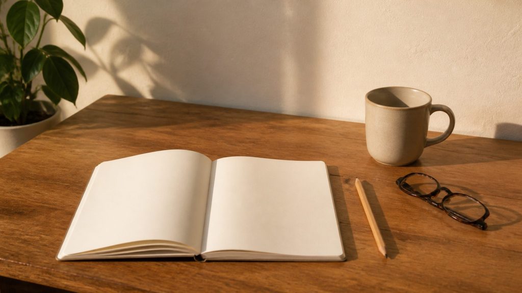 A plain wooden desk in warm afternoon light with an open blank notebook, a pencil, a mug and a folded pair of reading glasses.