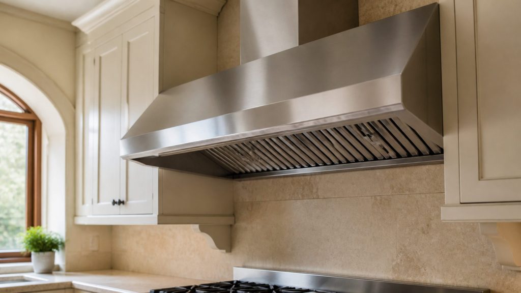 A stainless chimney hood seen from below and slightly to the side, mounted above a cooking range in a cream Italian kitchen, its baffle filters visible as clean angled steel.