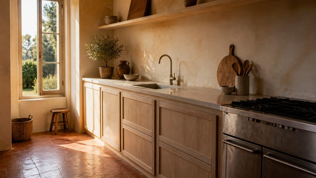 A warm Italian kitchen photographed along the counter run in late afternoon light, cream plaster walls and pale oak cabinetry, a cream stone worktop, a heavy stainless cooking range set back and cropped at the right edge.