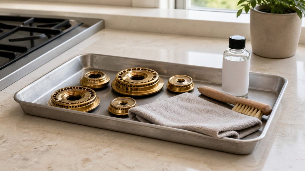 A shallow metal tray on a cream stone worktop holding clean brass burner caps, a folded cloth, a soft brush and a small bottle with a blank label, arranged as if a maintenance visit has just finished.