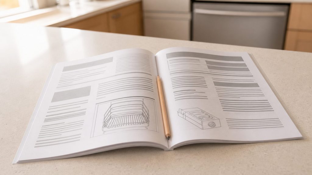 An open appliance manual lying flat on a cream worktop, photographed at a steep angle so the pages read as grey blocks of text and simple line drawings with no legible words, a pencil resting in the gutter.