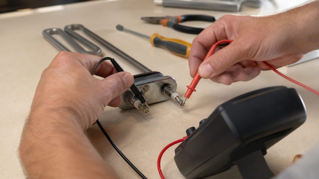 Two hands holding a multimeter's probes against a disconnected heating element laid on a cream worktop, the meter body in the foreground with its screen turned away from the camera.