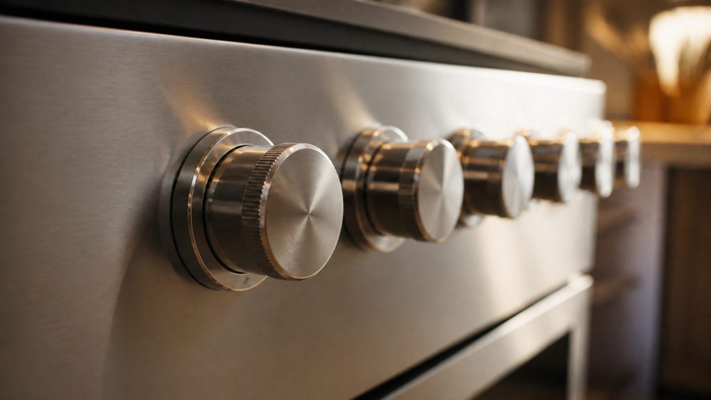 A row of plain metal control knobs on a stainless range fascia, photographed close and at an angle, no markings or numbers of any kind on the fascia, warm side light picking out the knurled edges.