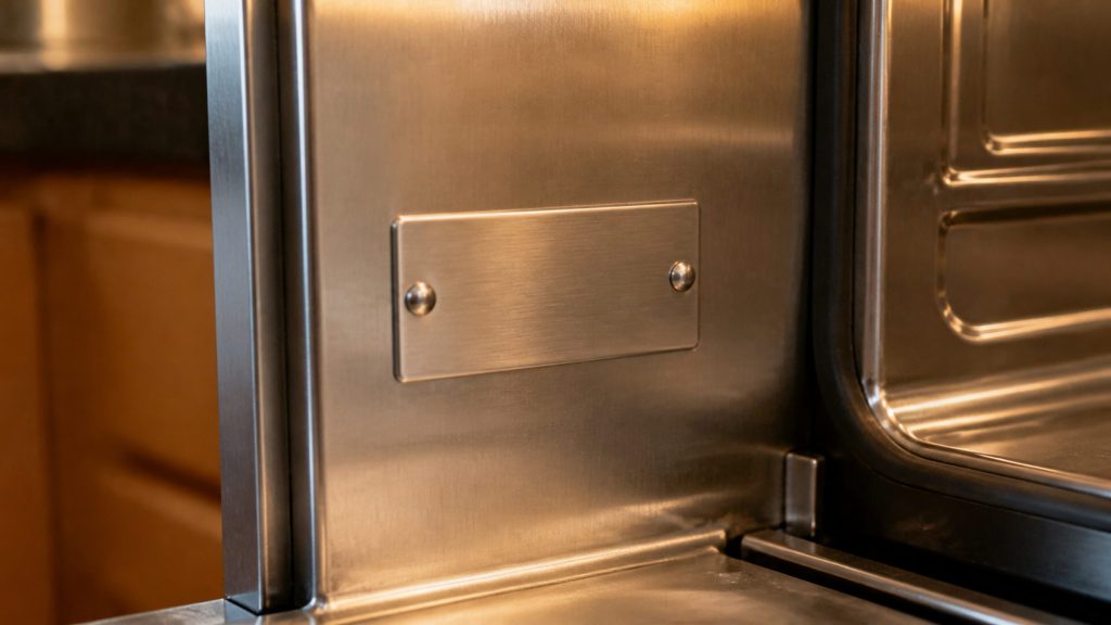 A close view of a small blank metal data plate riveted inside the door frame of a stainless appliance, warm kitchen light across it.