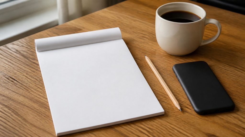 A blank notepad, a pencil and a phone lying face down on a warm oak table beside a mug of coffee, soft daylight from a window off frame.
