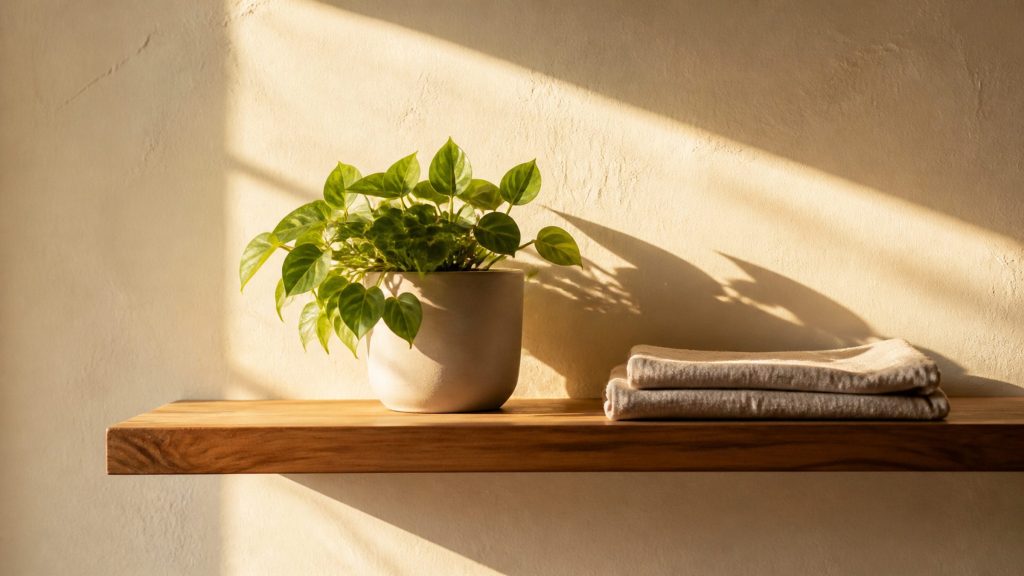 A cream plaster wall with a simple wooden shelf holding a small green plant and a folded cloth, warm afternoon light raking across it.