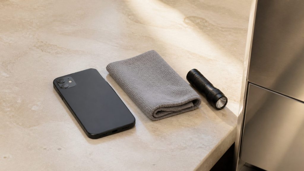 A phone lying face down on a cream stone worktop beside a folded cloth and a small torch, a stainless appliance edge cropped at the frame's edge, warm daylight.