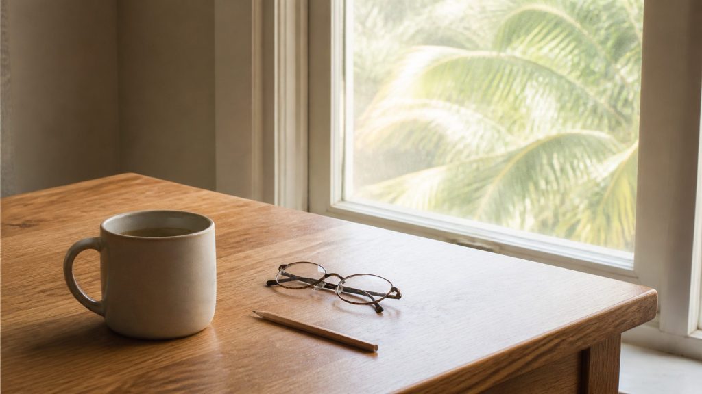 A warm oak table by a window with a mug, a pencil and a folded pair of reading glasses on it, bright hazy daylight and palm foliage outside.