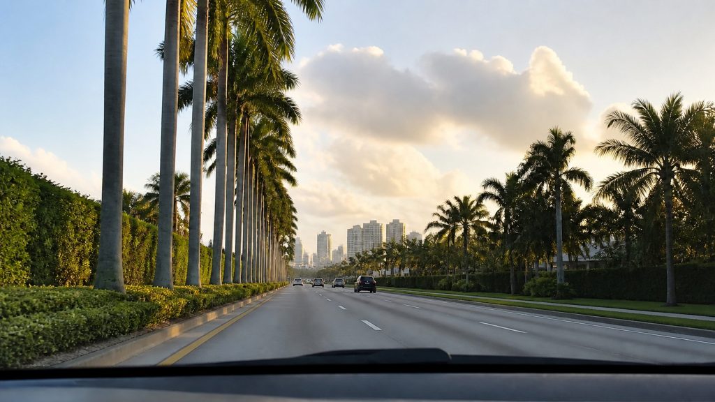 A South Florida road seen through a windshield in warm late daylight, palms along both sides and a low pale skyline ahead.