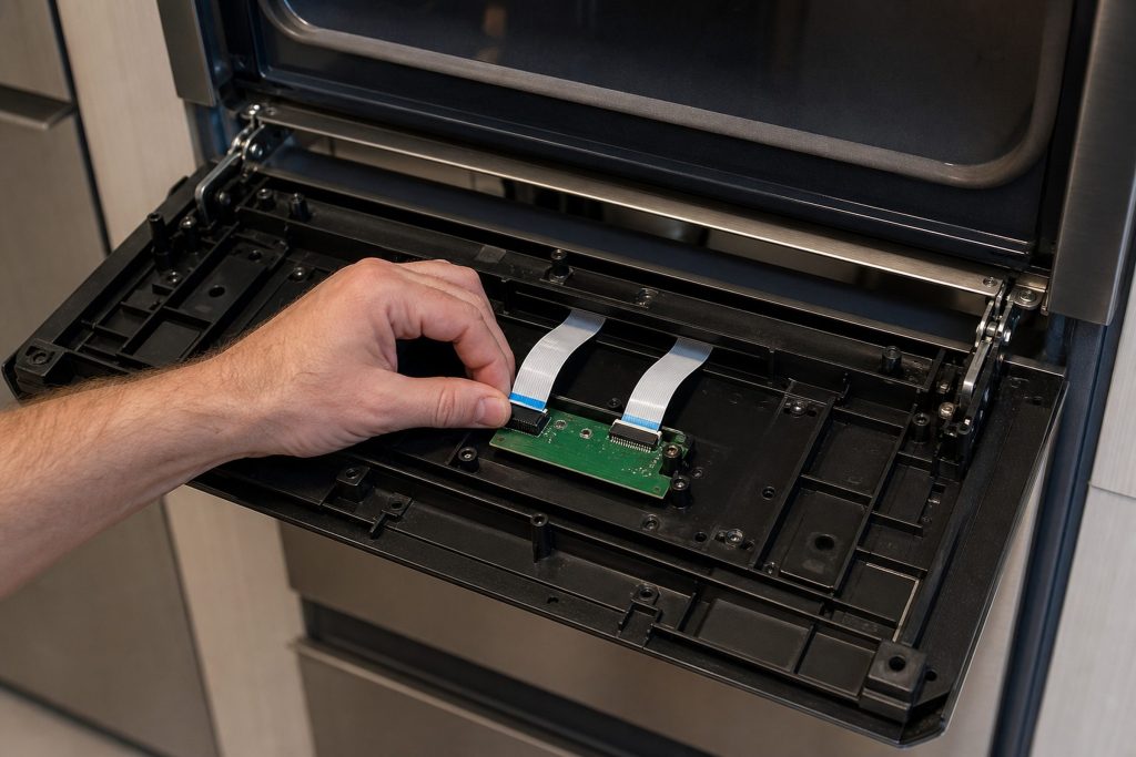 Two hands connecting a ribbon cable to a green control board inside the opened fascia of an oven
