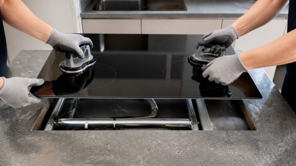 Two pairs of gloved hands lifting a ceramic glass cooktop out of its cut-out with suction cups