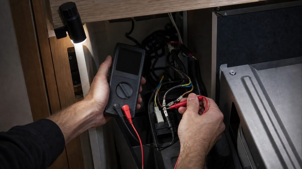 A technician kneeling behind a built-in appliance with a multimeter in one hand and its probes on a terminal, a work lamp clipped above
