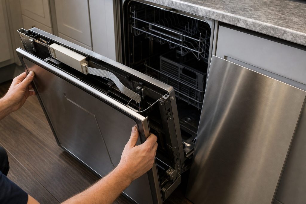 The door of an integrated dishwasher swung down with its inner panel removed and the control strip exposed