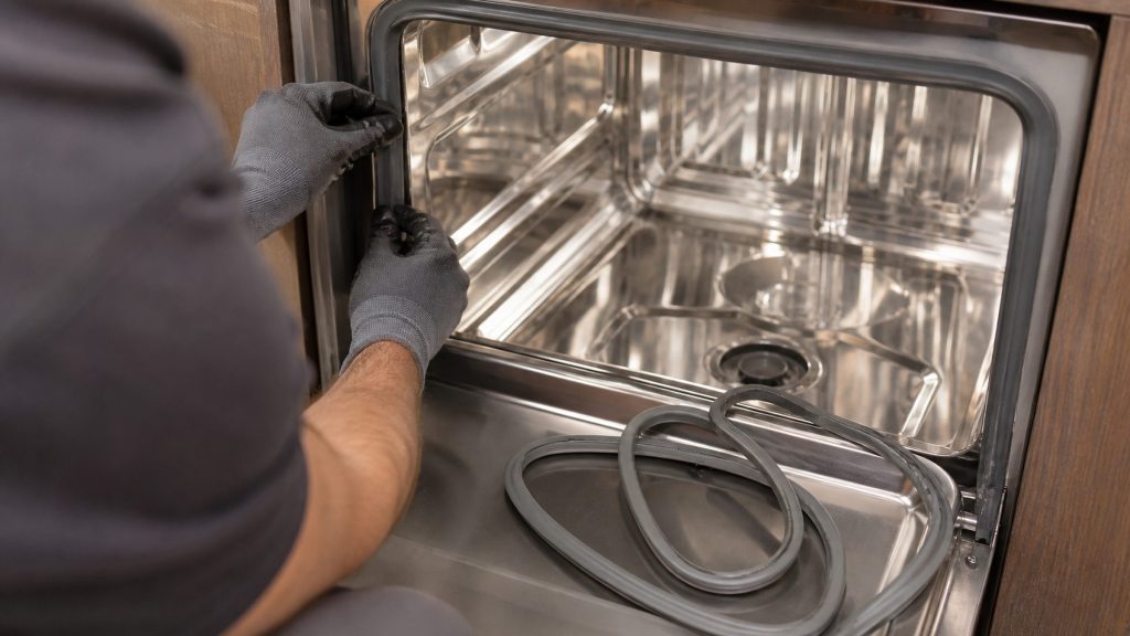 Gloved hands fitting a rubber door seal into the rim of a stainless dishwasher tub